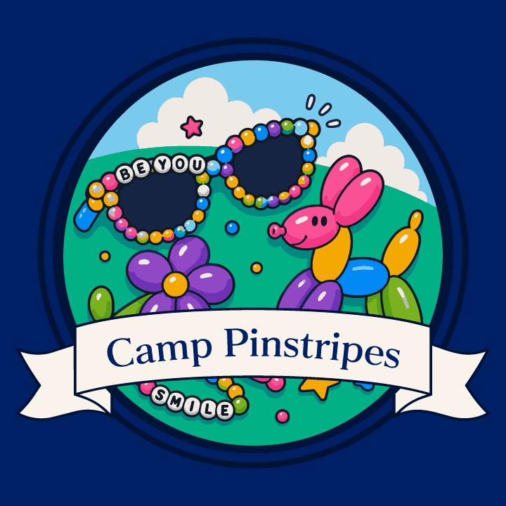 Cartoon graphic of summer camp beaded sunglasses and balloon animal supplies on a blue background, promoting the July 11, 2026 Camp Pinstripes activity.
