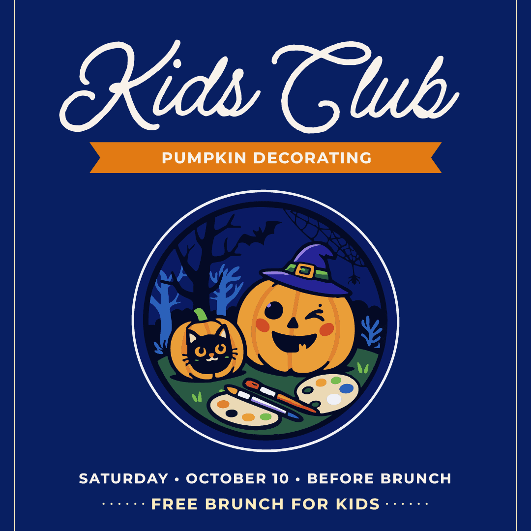Cobalt blue graphic for Kids Club pumpkin decorating with a carved pumpkin in a witch’s hat, painting supplies, and event details for Saturday, October 10