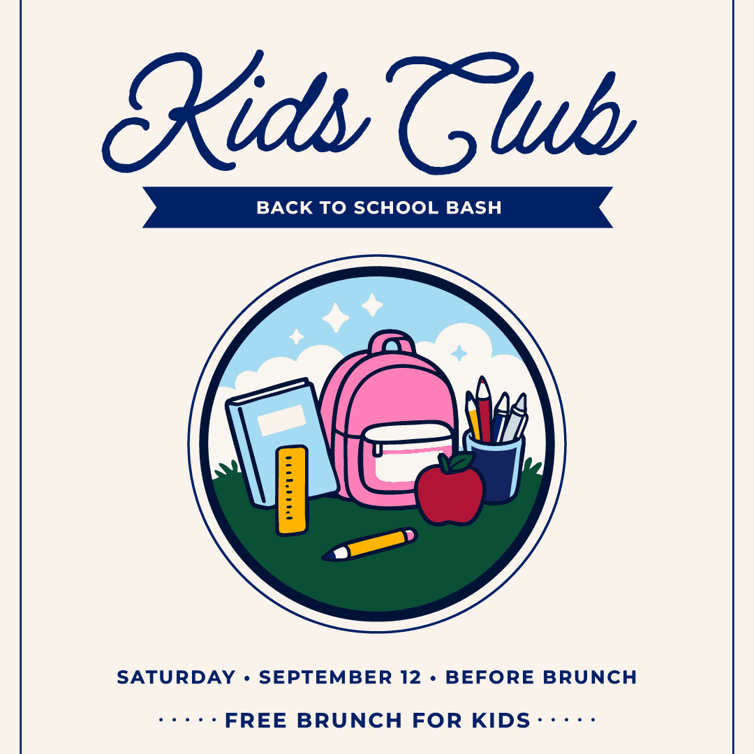 Cream-background graphic for Kids Club back-to-school bash with school supply illustrations and event details for Saturday, September 12