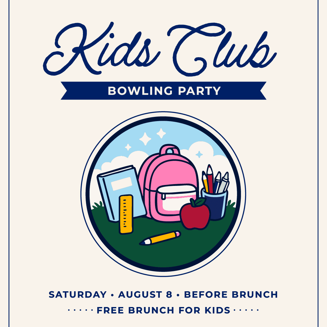 Cream-background graphic for Kids Club bowling with back-to-school supplies illustrations and event details for Saturday, August 8