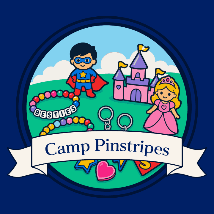 Cartoon graphic of friendship bracelet and keychain making supplies with superhero and princess themes on a blue background, promoting Camp Pinstripes on June 6, 2026.