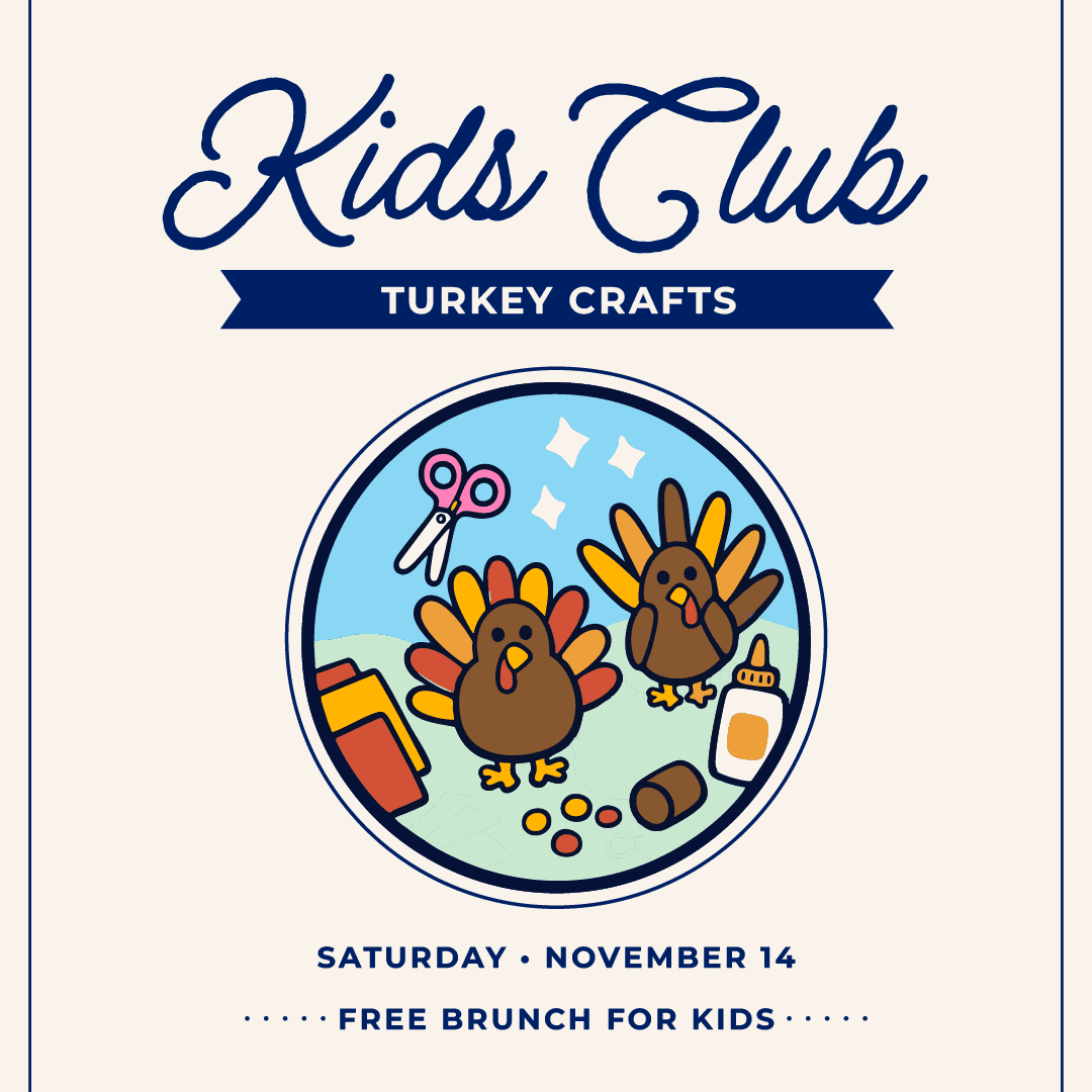 Cobalt blue graphic for Kids Club turkey crafts with a paper turkey and craft supplies, plus event details for Saturday, November 14