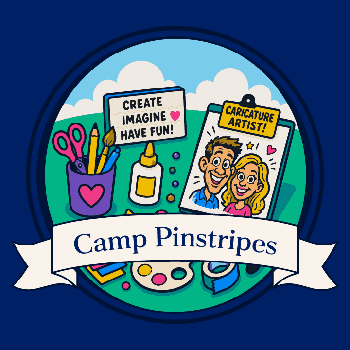 Summer camp craft supplies and a caricature artist promoting Camp Pinstripes Father’s Day event on June 20, 2026.
