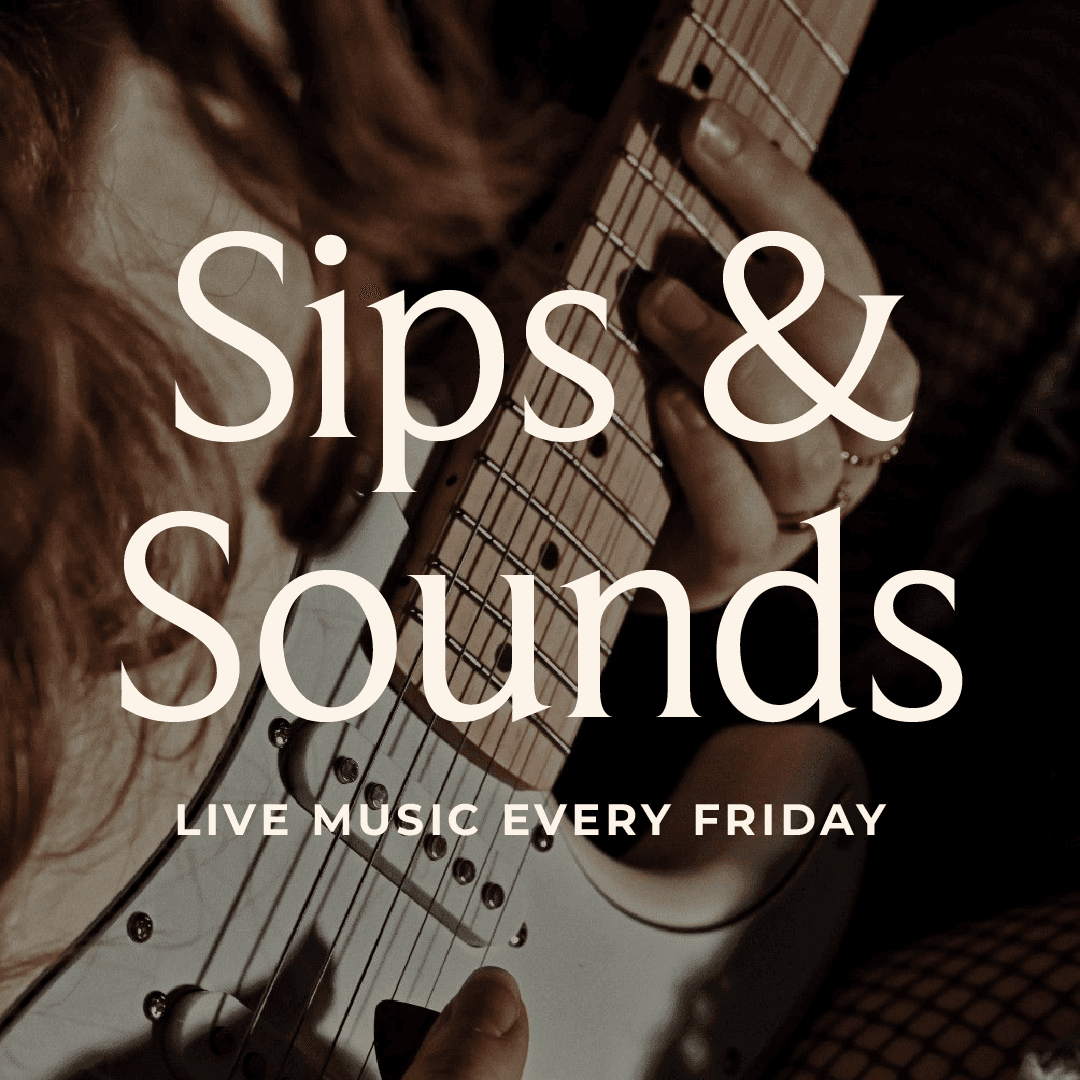 Close-up of a guitarist performing live with “Sips & Sounds” overlaid on the image.